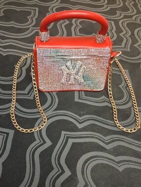 Red Rhinestone Accent Box Handbag with Gold Chain